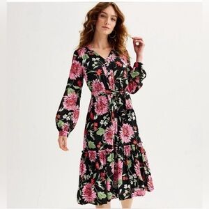 Draper James RSVP Black and Pink Floral Long Sleeve Dress Size Small